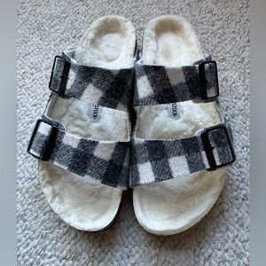 Birkenstock Arizona Shearling Plaid Sandals, size 38